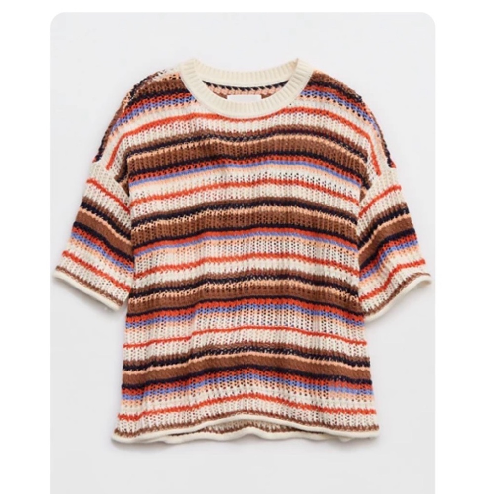 aerie Striped Short-Sleeve Knit Sweater - Cream, Brown & Blue size M